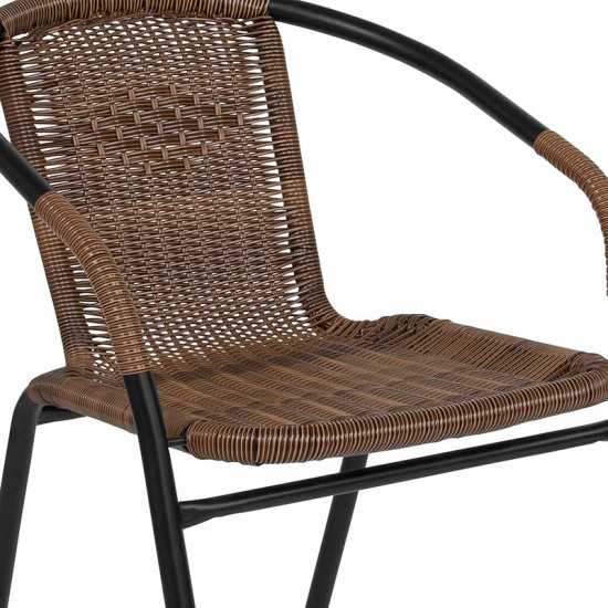 28'' Round Glass Metal Table with Dark Brown Rattan Edging and 4 Dark Brown Rattan Stack Chairs