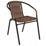 28'' Round Glass Metal Table with Dark Brown Rattan Edging and 4 Dark Brown Rattan Stack Chairs