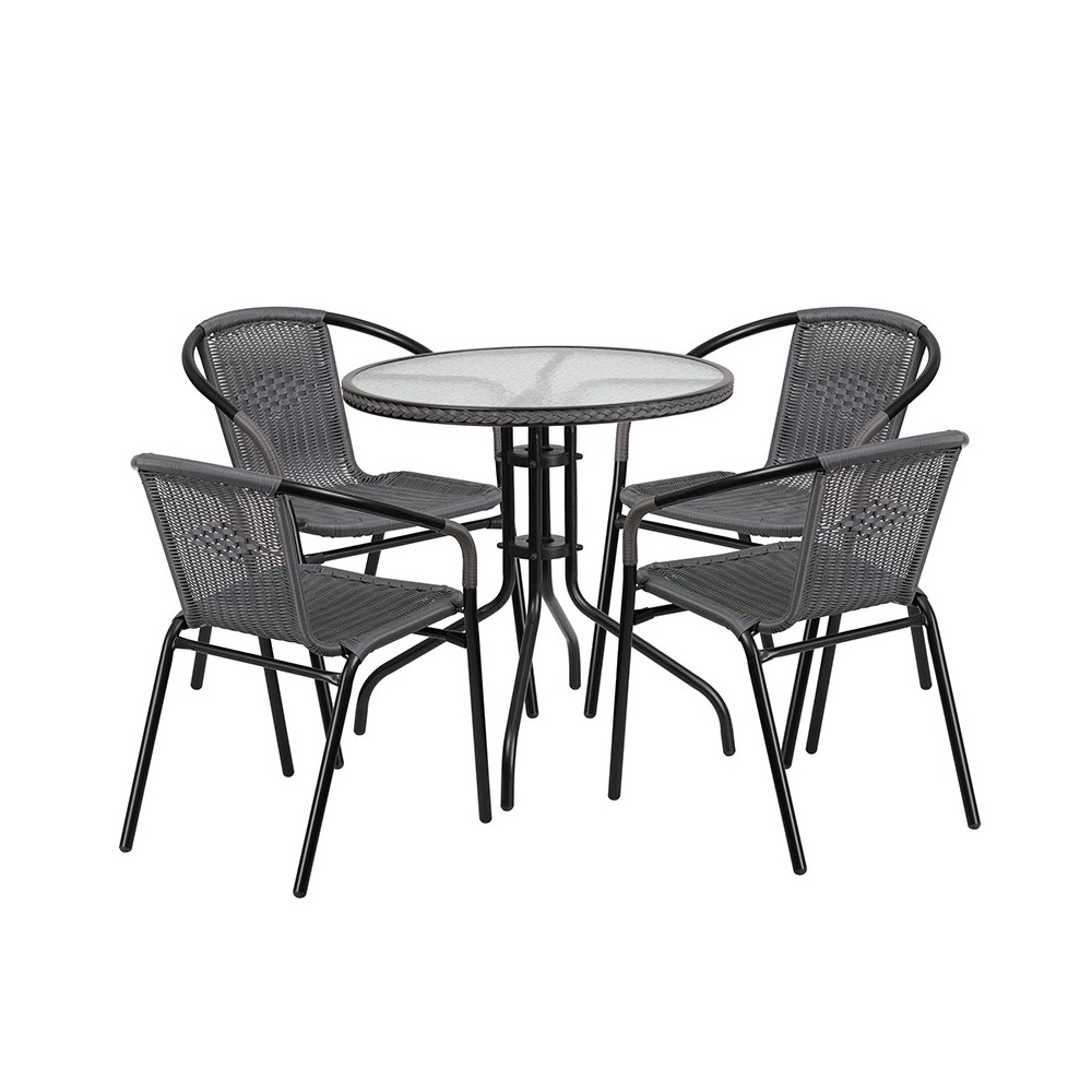 28'' Round Glass Metal Table with Gray Rattan Edging and 4 Gray Rattan Stack Chairs