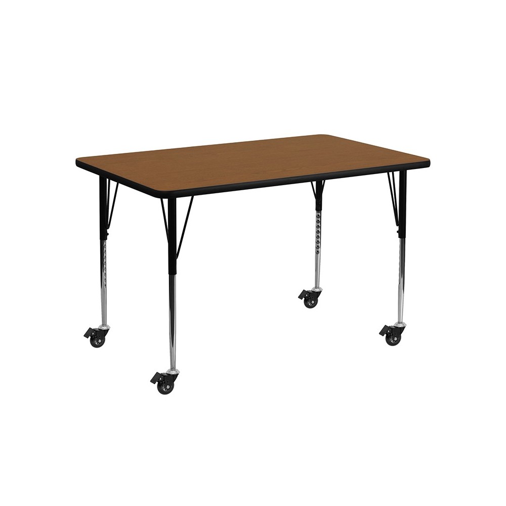 Mobile 24''W x 48''L Rectangular Oak HP Laminate Activity Table - Standard Height Adjustable Legs