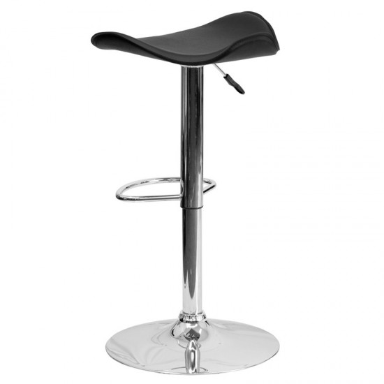 Contemporary Black Vinyl Adjustable Height Barstool with Wavy Seat and Chrome Base