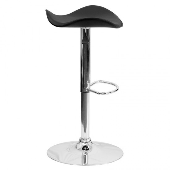 Contemporary Black Vinyl Adjustable Height Barstool with Wavy Seat and Chrome Base