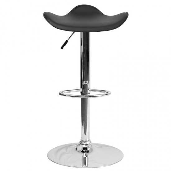 Contemporary Black Vinyl Adjustable Height Barstool with Wavy Seat and Chrome Base