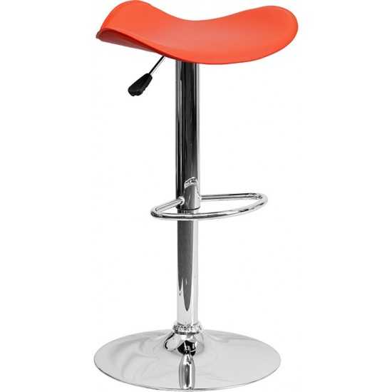 Contemporary Orange Vinyl Adjustable Height Barstool with Wavy Seat and Chrome Base