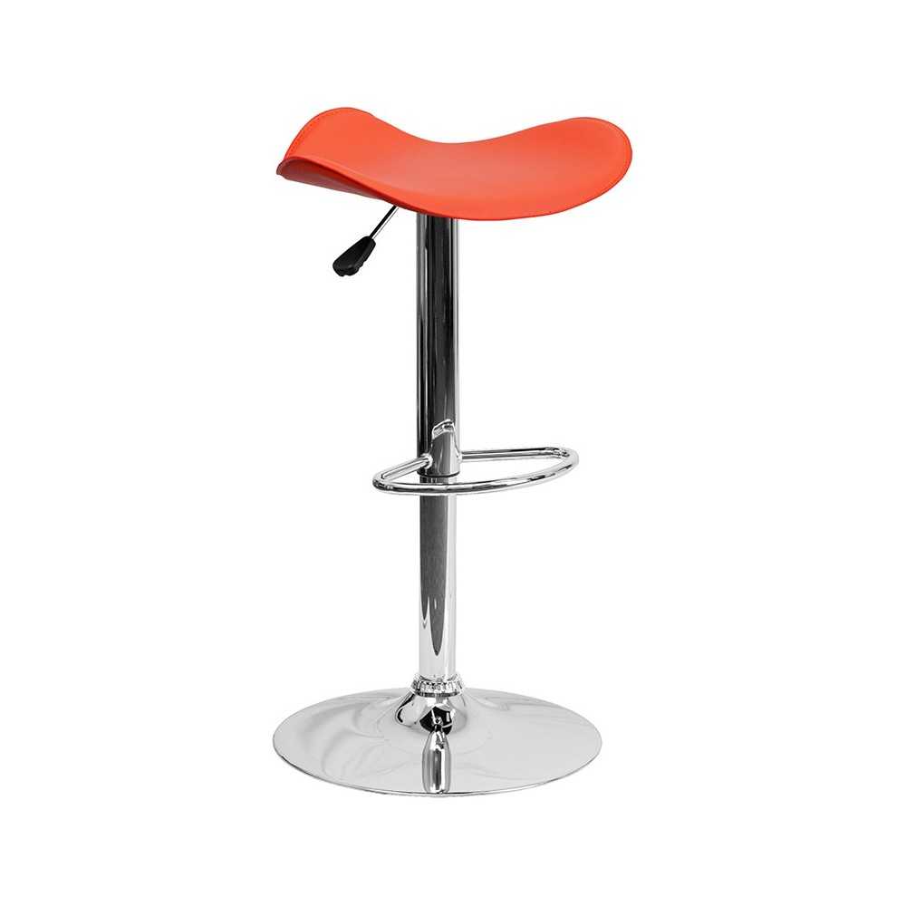 Contemporary Orange Vinyl Adjustable Height Barstool with Wavy Seat and Chrome Base