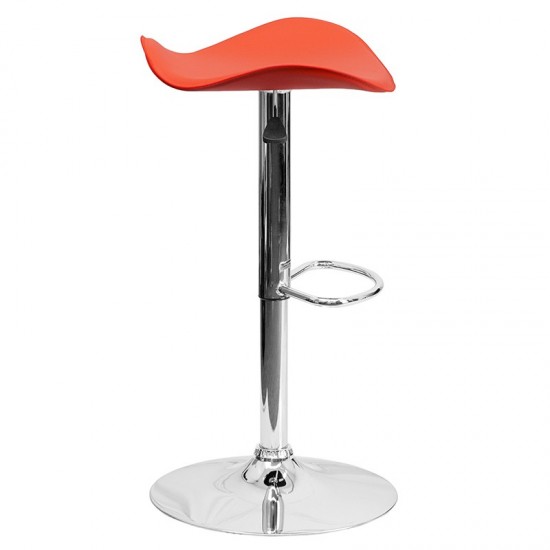 Contemporary Orange Vinyl Adjustable Height Barstool with Wavy Seat and Chrome Base