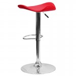 Contemporary Red Vinyl Adjustable Height Barstool with Wavy Seat and Chrome Base