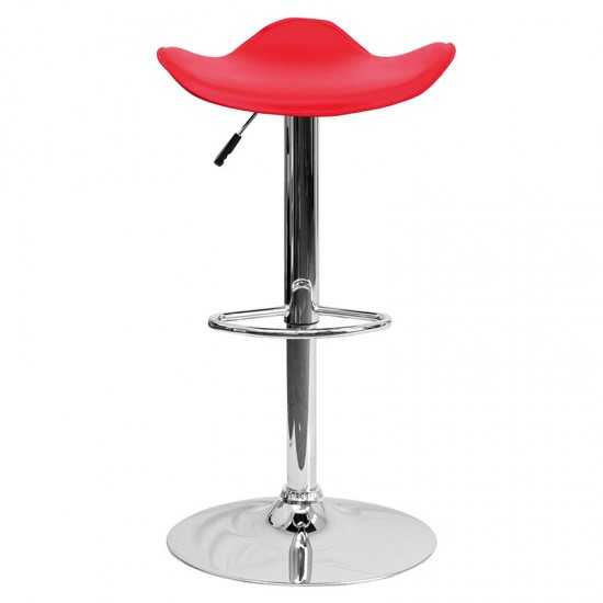 Contemporary Red Vinyl Adjustable Height Barstool with Wavy Seat and Chrome Base