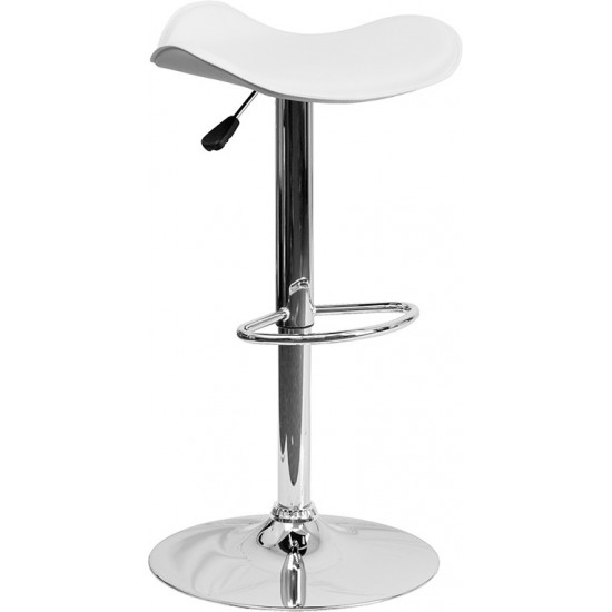 Contemporary White Vinyl Adjustable Height Barstool with Wavy Seat and Chrome Base