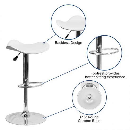 Contemporary White Vinyl Adjustable Height Barstool with Wavy Seat and Chrome Base