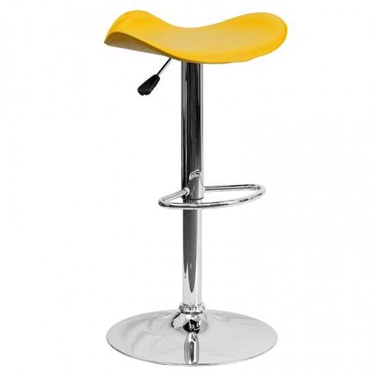 Contemporary Yellow Vinyl Adjustable Height Barstool with Wavy Seat and Chrome Base