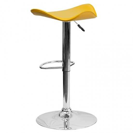 Contemporary Yellow Vinyl Adjustable Height Barstool with Wavy Seat and Chrome Base