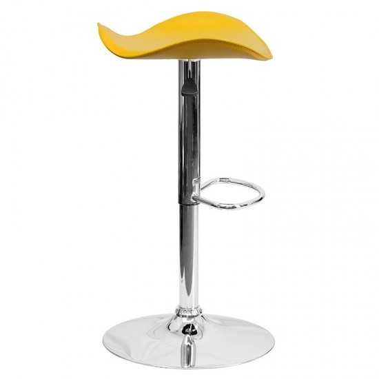 Contemporary Yellow Vinyl Adjustable Height Barstool with Wavy Seat and Chrome Base