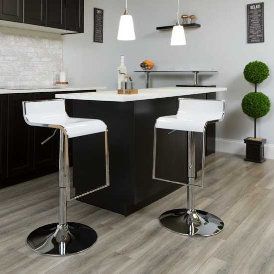 Contemporary White Plastic Adjustable Height Barstool with Chrome Drop Frame