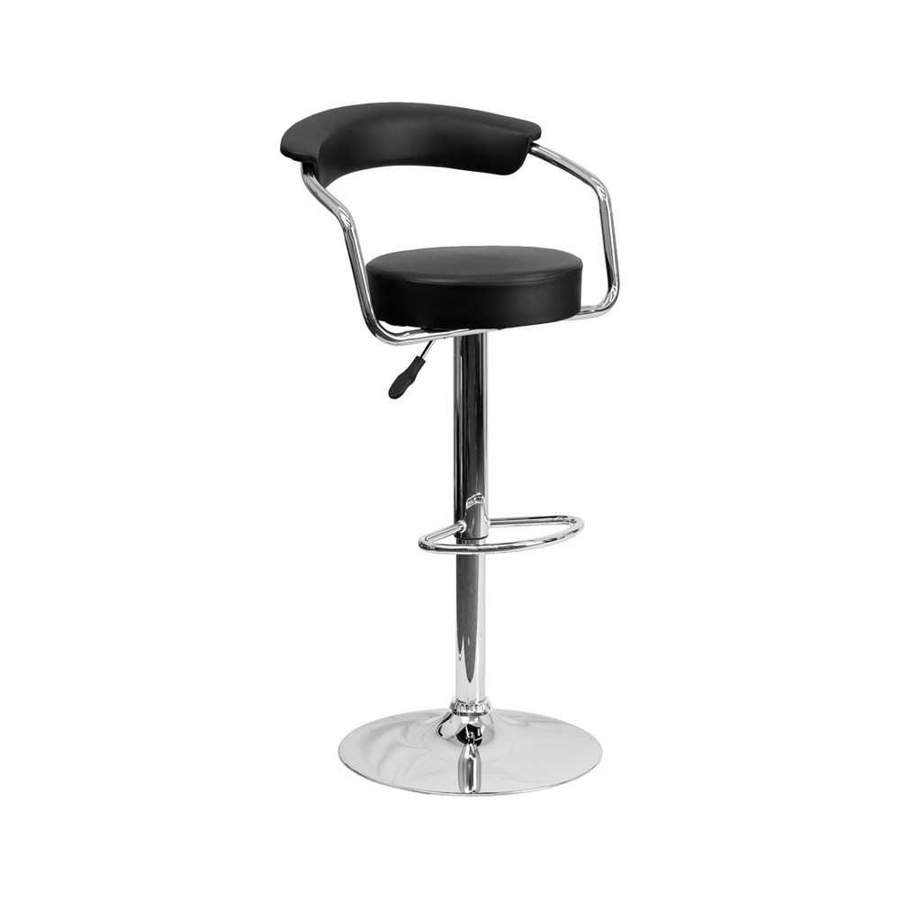 Contemporary Black Vinyl Adjustable Height Barstool with Arms and Chrome Base