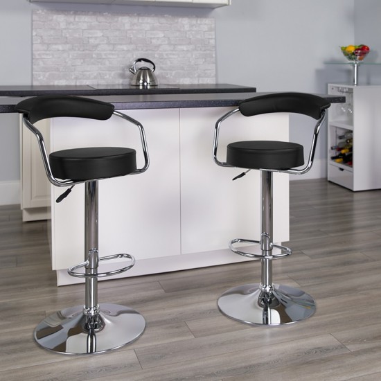 Contemporary Black Vinyl Adjustable Height Barstool with Arms and Chrome Base