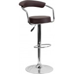 Contemporary Brown Vinyl Adjustable Height Barstool with Arms and Chrome Base