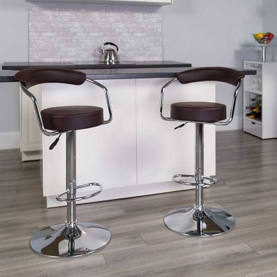 Contemporary Brown Vinyl Adjustable Height Barstool with Arms and Chrome Base