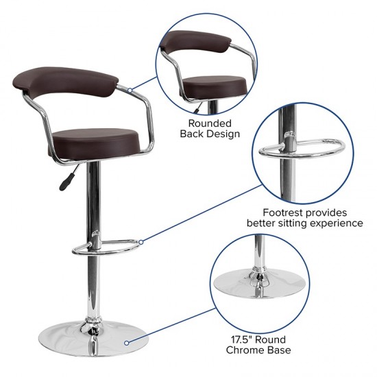 Contemporary Brown Vinyl Adjustable Height Barstool with Arms and Chrome Base