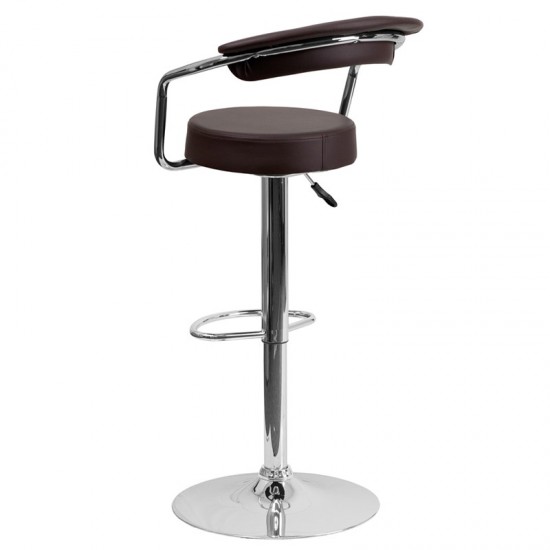 Contemporary Brown Vinyl Adjustable Height Barstool with Arms and Chrome Base