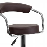 Contemporary Brown Vinyl Adjustable Height Barstool with Arms and Chrome Base