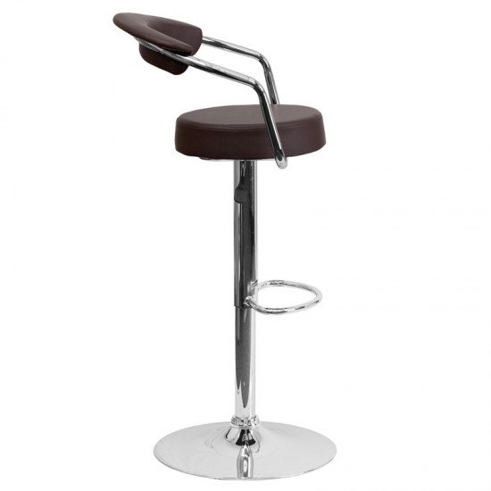 Contemporary Brown Vinyl Adjustable Height Barstool with Arms and Chrome Base