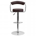 Contemporary Brown Vinyl Adjustable Height Barstool with Arms and Chrome Base