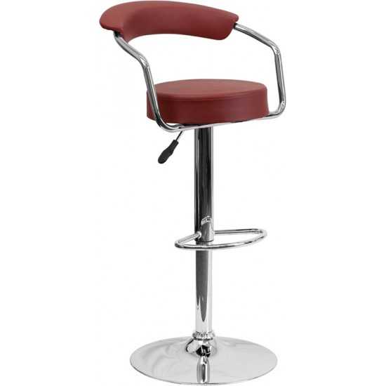 Contemporary Burgundy Vinyl Adjustable Height Barstool with Arms and Chrome Base