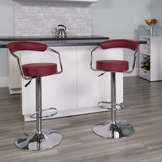 Contemporary Burgundy Vinyl Adjustable Height Barstool with Arms and Chrome Base