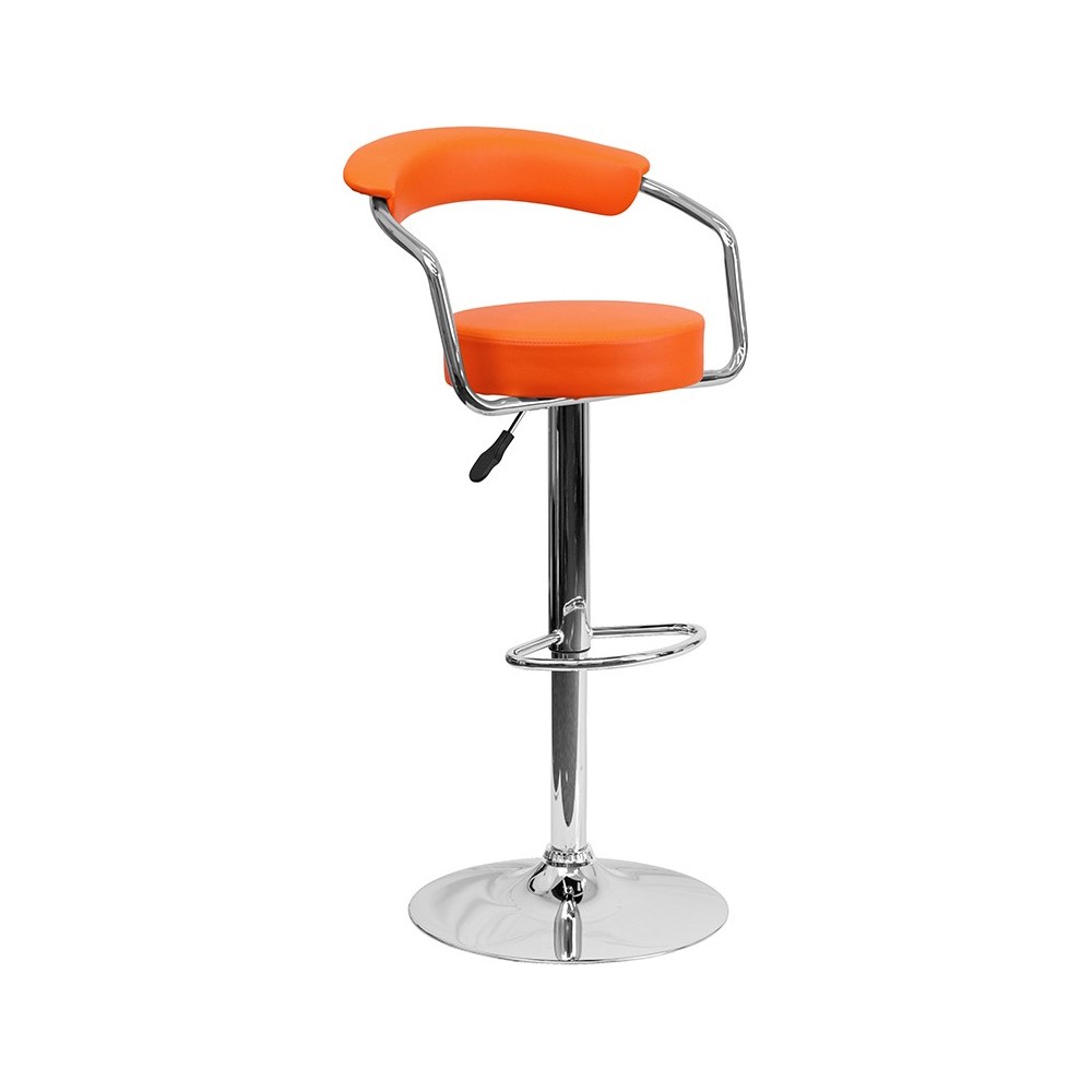 Contemporary Orange Vinyl Adjustable Height Barstool with Arms and Chrome Base