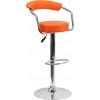 Contemporary Orange Vinyl Adjustable Height Barstool with Arms and Chrome Base