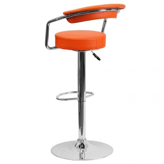 Contemporary Orange Vinyl Adjustable Height Barstool with Arms and Chrome Base