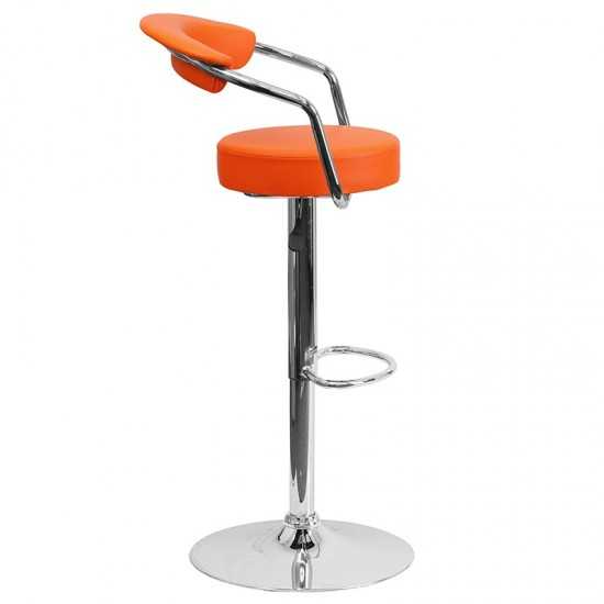 Contemporary Orange Vinyl Adjustable Height Barstool with Arms and Chrome Base