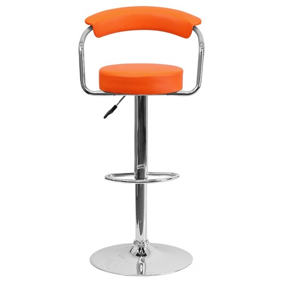 Contemporary Orange Vinyl Adjustable Height Barstool with Arms and Chrome Base