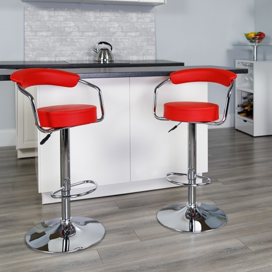 Contemporary Red Vinyl Adjustable Height Barstool with Arms and Chrome Base