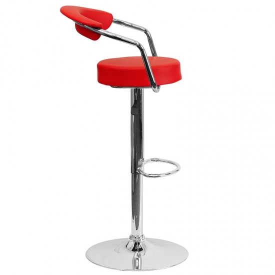 Contemporary Red Vinyl Adjustable Height Barstool with Arms and Chrome Base