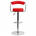 Contemporary Red Vinyl Adjustable Height Barstool with Arms and Chrome Base