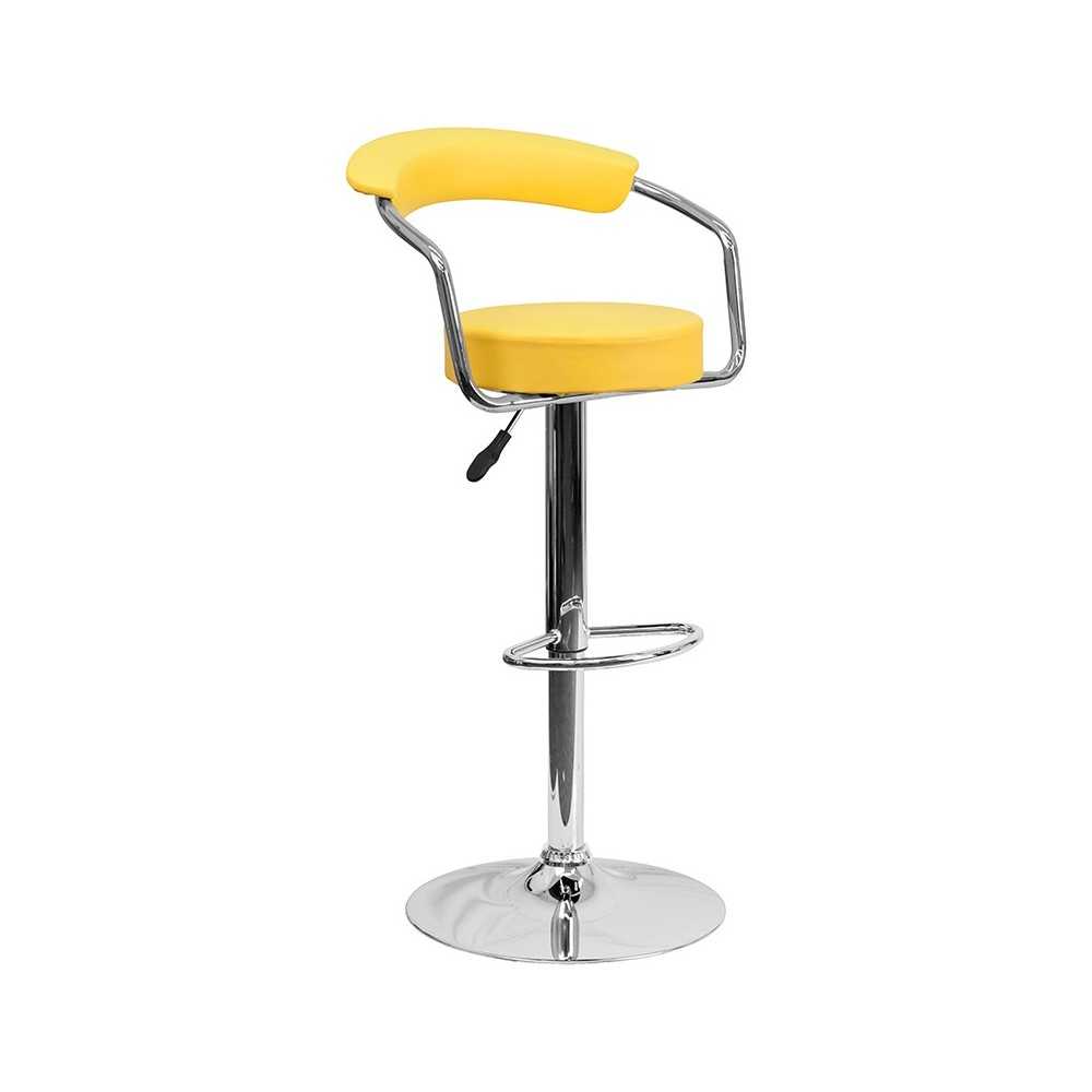 Contemporary Yellow Vinyl Adjustable Height Barstool with Arms and Chrome Base Contemporary Yellow Vinyl Adjustable Height Barstool with Arms and Chrome Base