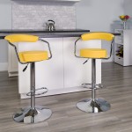 Contemporary Yellow Vinyl Adjustable Height Barstool with Arms and Chrome Base