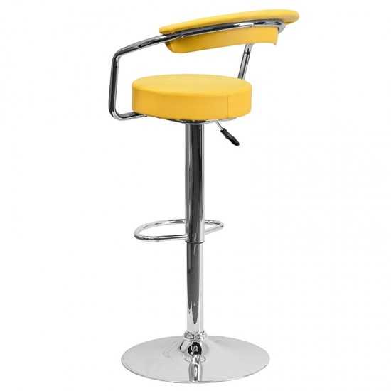 Contemporary Yellow Vinyl Adjustable Height Barstool with Arms and Chrome Base