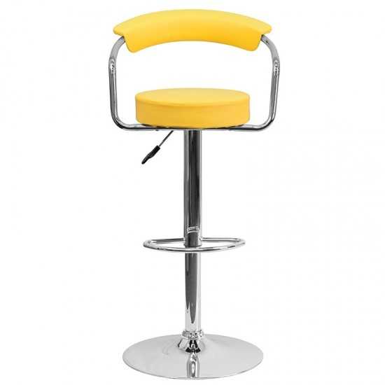 Contemporary Yellow Vinyl Adjustable Height Barstool with Arms and Chrome Base