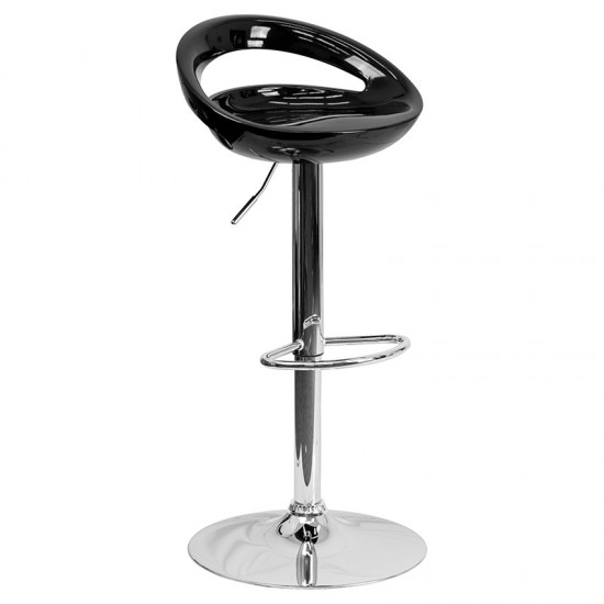 Contemporary Black Plastic Adjustable Height Barstool with Rounded Cutout Back and Chrome Base