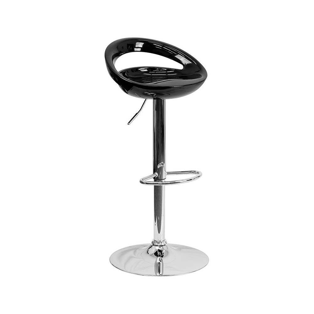 Contemporary Black Plastic Adjustable Height Barstool with Rounded Cutout Back and Chrome Base