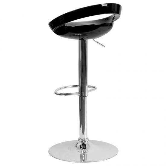 Contemporary Black Plastic Adjustable Height Barstool with Rounded Cutout Back and Chrome Base