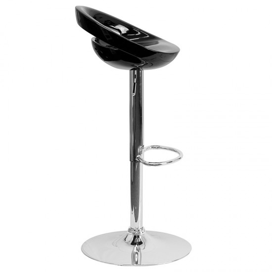 Contemporary Black Plastic Adjustable Height Barstool with Rounded Cutout Back and Chrome Base