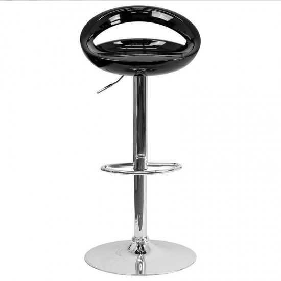 Contemporary Black Plastic Adjustable Height Barstool with Rounded Cutout Back and Chrome Base