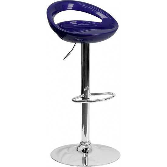 Contemporary Blue Plastic Adjustable Height Barstool with Rounded Cutout Back and Chrome Base