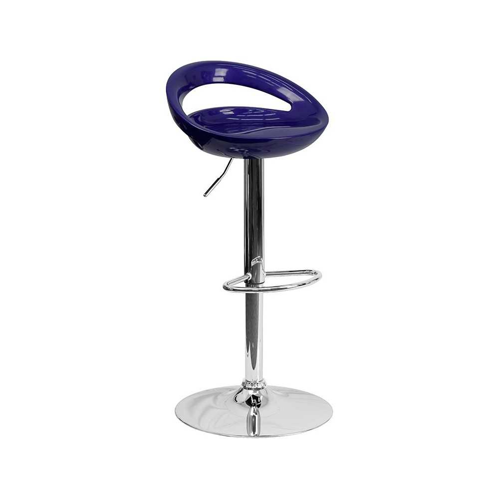 Contemporary Blue Plastic Adjustable Height Barstool with Rounded Cutout Back and Chrome Base