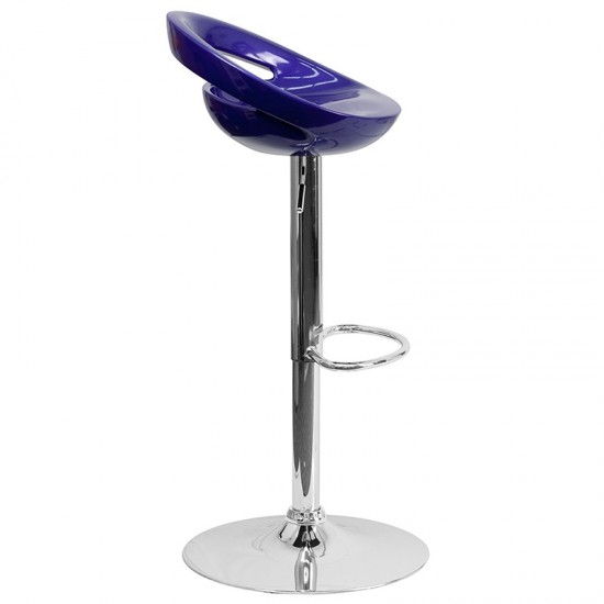 Contemporary Blue Plastic Adjustable Height Barstool with Rounded Cutout Back and Chrome Base