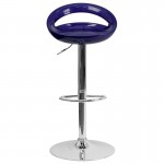 Contemporary Blue Plastic Adjustable Height Barstool with Rounded Cutout Back and Chrome Base